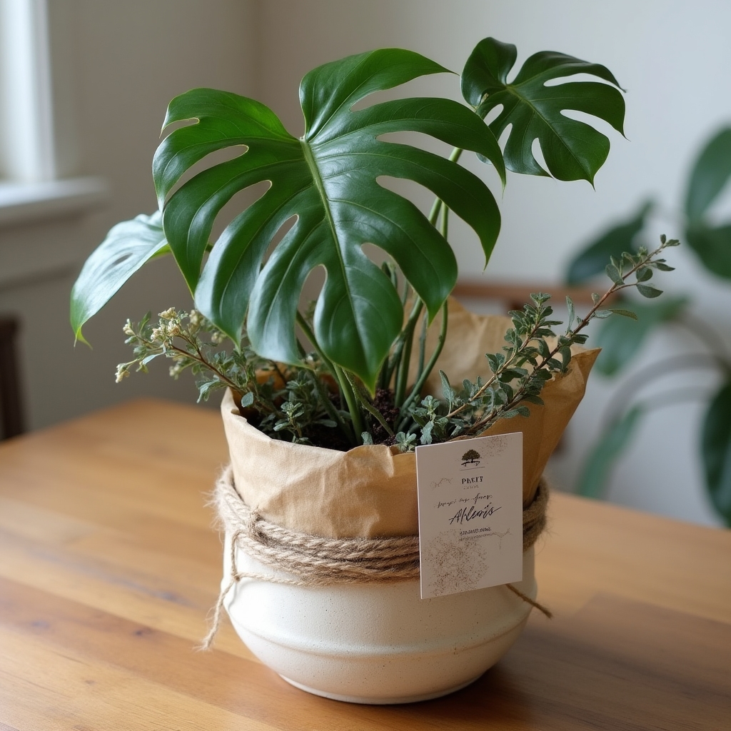 Sorgfältig verpacktes Pflanzgeschenkset mit Monstera und handgefertigtem Keramikübertopf