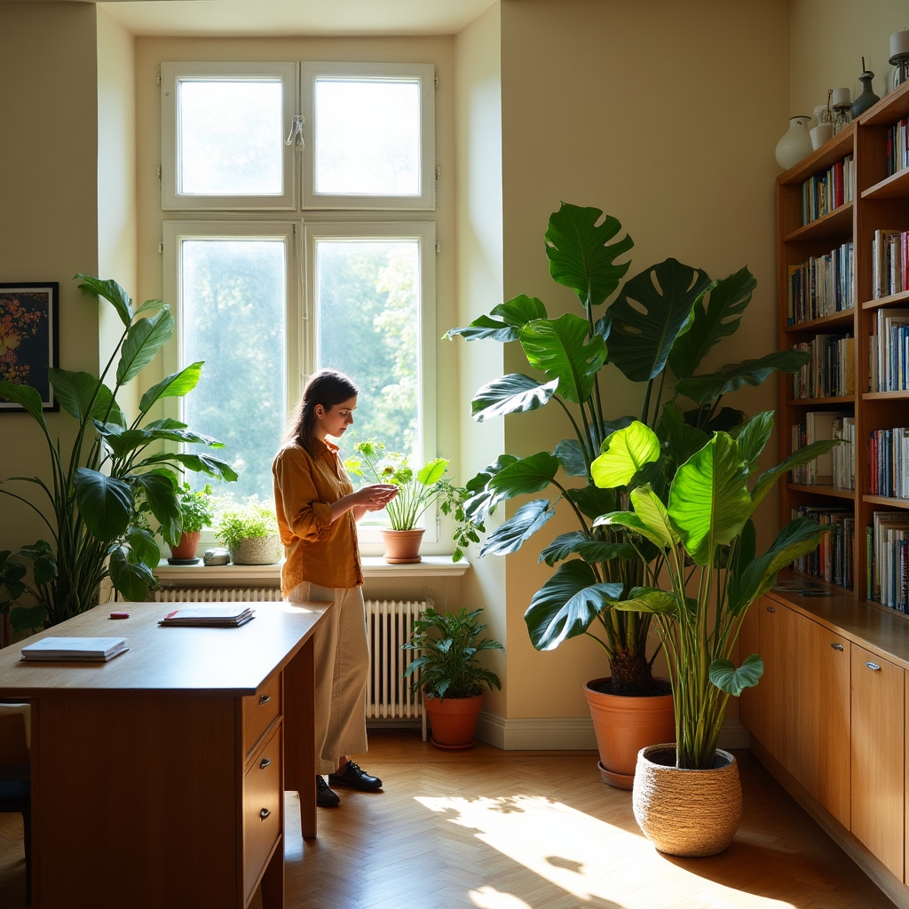 Das Pacific Pop Beratungsraum in Berlin mit mehreren großen Zimmerpflanzen und natürlichem Licht